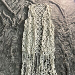 Boho Festival ready Rebellion Again Cream Crochet Fringe long vest size M